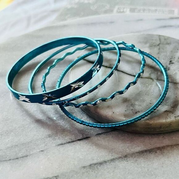 Turquoise Blue Metallic Bangle Bracelet Set Thin Stacking Metal Etched Design - Picture 1 of 5